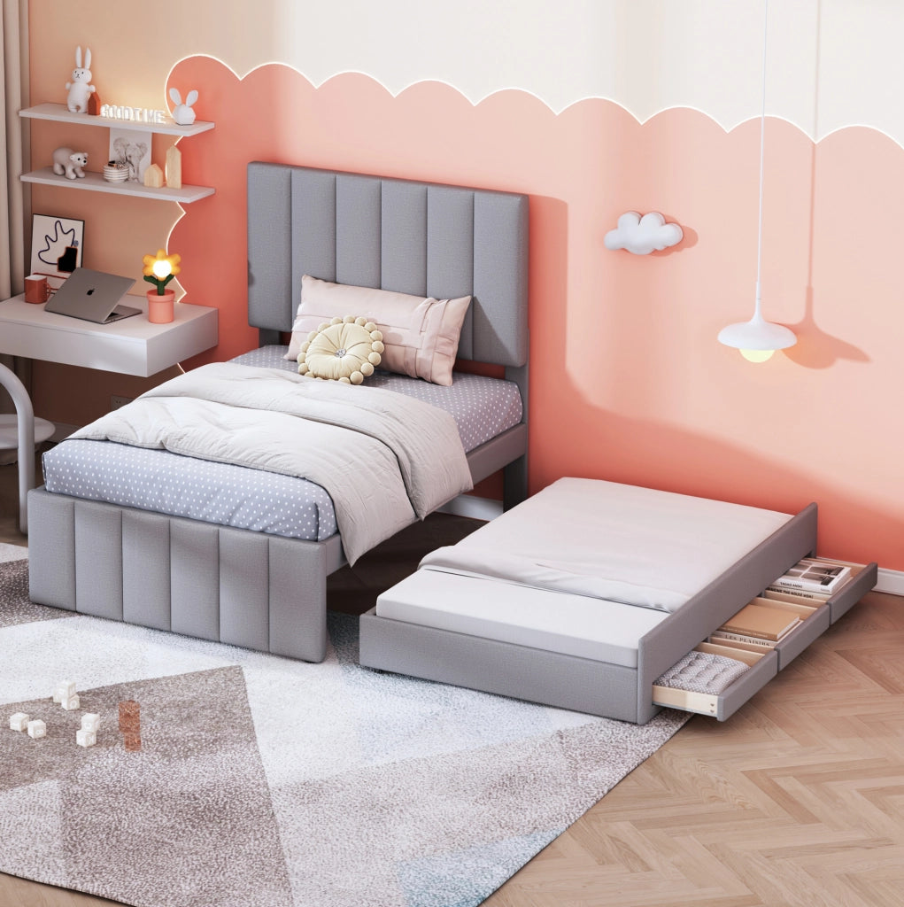 Letto imbottito con letto estraibile e 3 cassetti; testiera regolabile; 204x90x118 cm; grigio