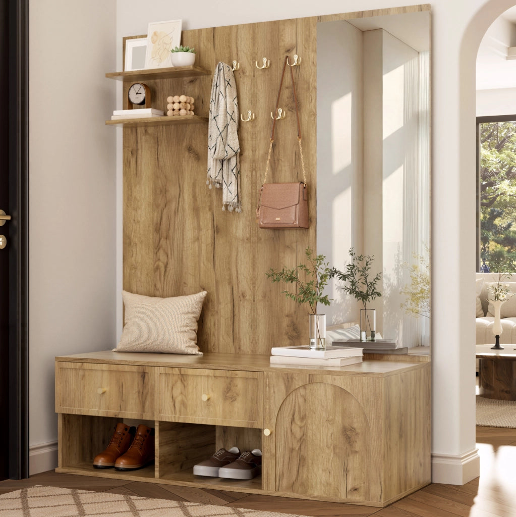 Guardaroba ingresso 120x35x159 cm con specchio; 5 ganci e 2 cassetti; effetto legno naturale