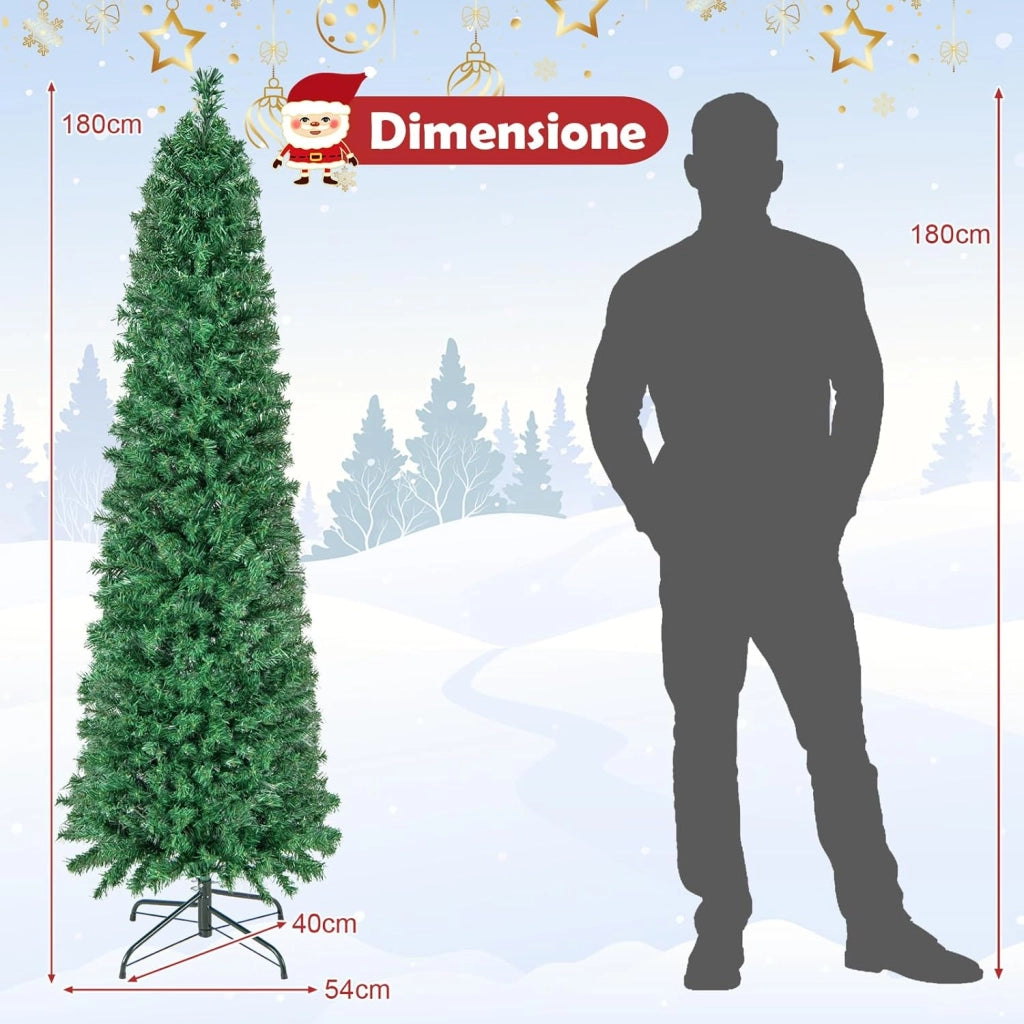 Albero di Natale Artificiale con Fibra Ottica 150/180 CM, Albero di Natale Slim Preluminato con 361/517 Rametti, Base in Metallo Pieghevole, Ideale per Casa, Ufficio e Feste (180 cm)