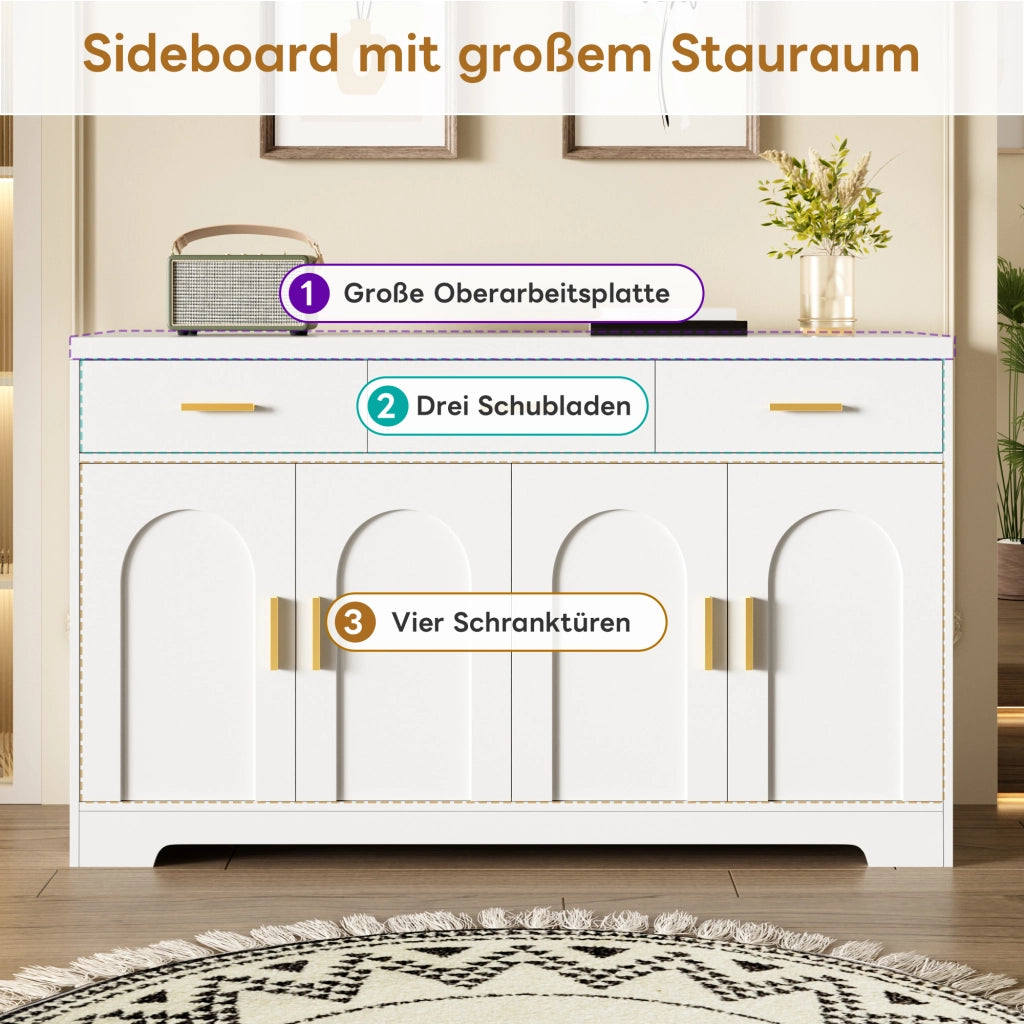 Credenza con 4 ante ad arco, 3 cassetti e ripiani regolabili, per soggiorno, in MDF bianco 140 × 40 × 83 cm