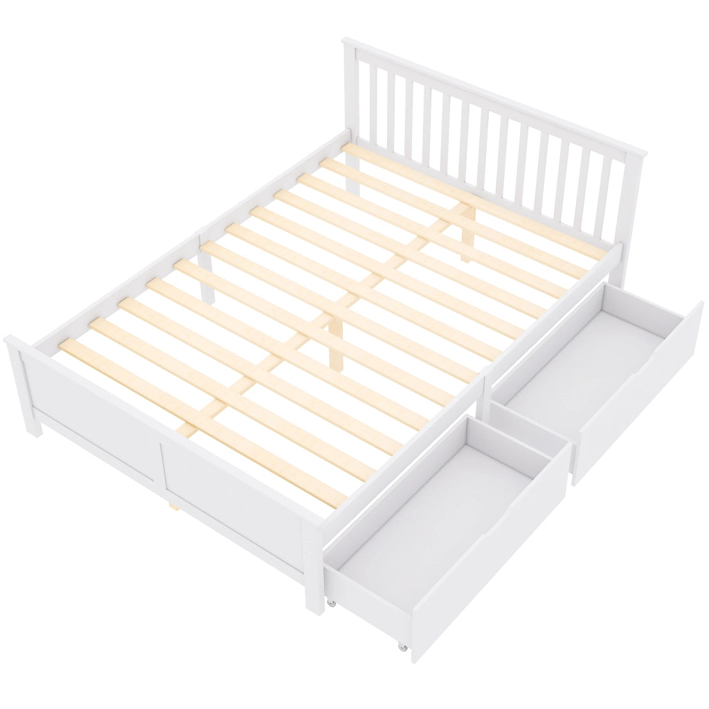 OKWISH Letto con Cassetti 140×200 cm, Letto Matrimoniale con 2 Cassetti, Testiera a Doghe Verticali, senza Materasso, Bianco