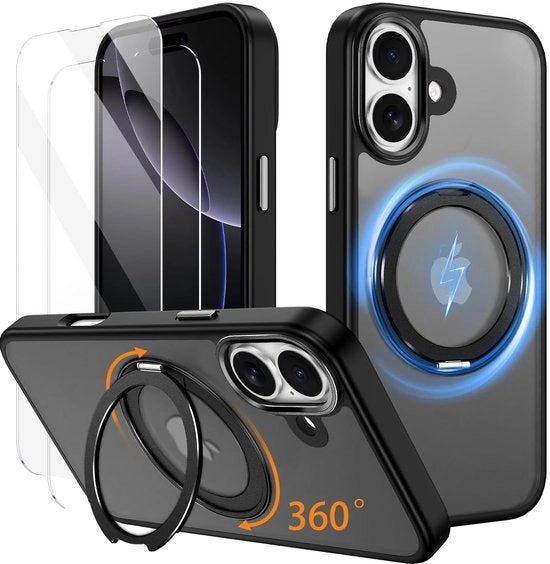Coprimessa iPhone 16 Plus con posizionamento standard - Magnetico - Resistente allo shock - 360° Rotativo - 2 x Protezioni schermo - Trasparente, opaca - Coprimessa per telefono cellulare