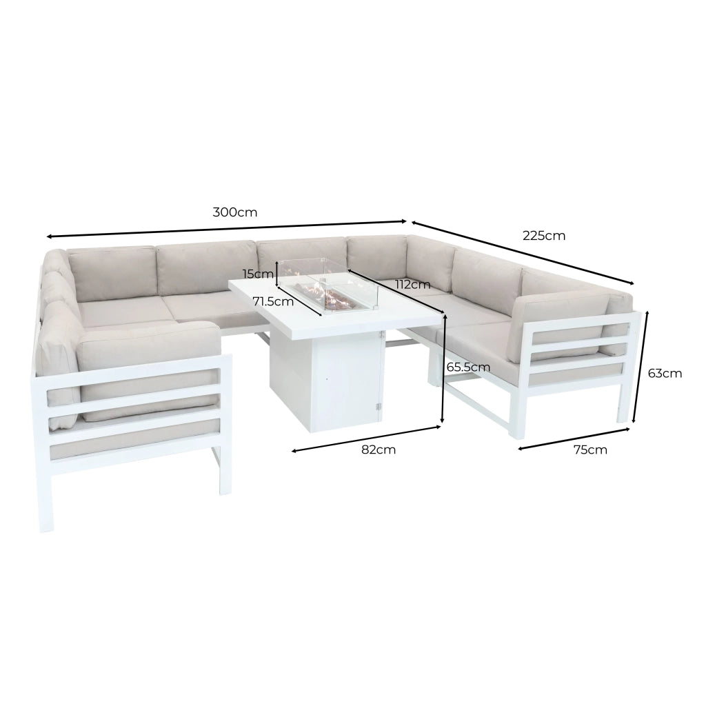Set da Giardino Modulabile Bianco 9 Pezzi con Divano, Tavolo e Braciere da Esterno