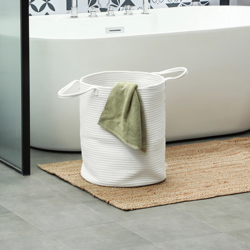 Cesto Portabiancheria da 36L Portatile e Pieghevole con Manici, Cesto Biancheria in Cotone Naturale, ?38x45 cm, Bianco Crema