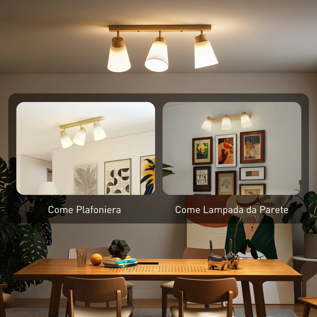 Lampadario da Soffitto con 3 Punti Luce Regolabili a 90¡ã e Attacchi E27, Colore Legno