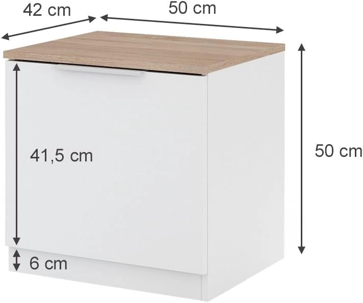 Comodino camera da letto Betti, Bianco/Sonoma, 50 x 50 cm con 1 porta, per riporre oggetti di uso quotidiano e combinabile