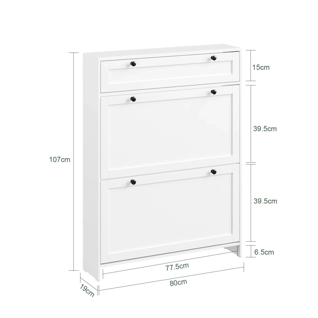 SoBuy FSR207-W, Scarpiera Salvaspazio Slim In Legno, Scarpiera Ingresso Moderna con 2 Ante a Ribalta e 1 Cassetto, Design Compatto per Spazi Ristetti, Facile da Pulire, Bianco, 80x19x107 cm