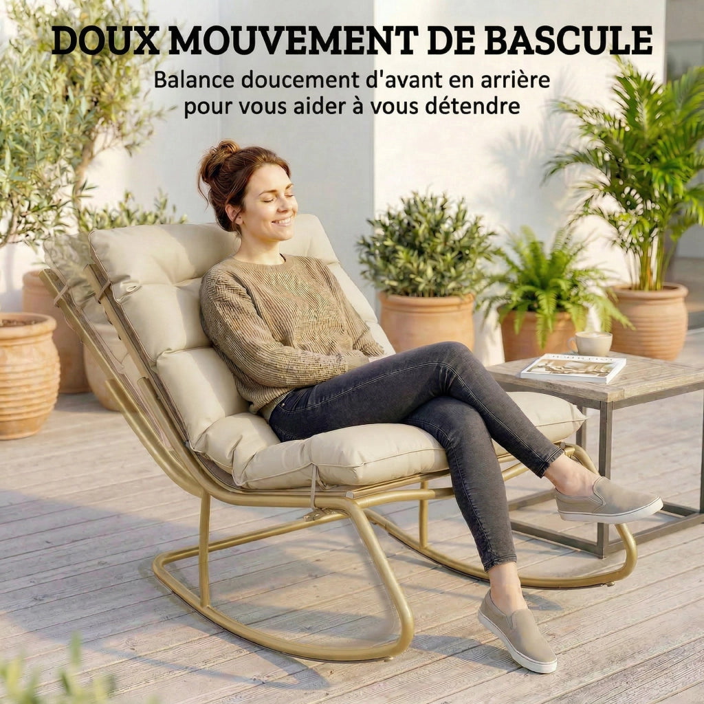 Poltrona dondolo da giardino ¨C zephmum ¨C in textilene beige e acciaio dorato 125x64 cm