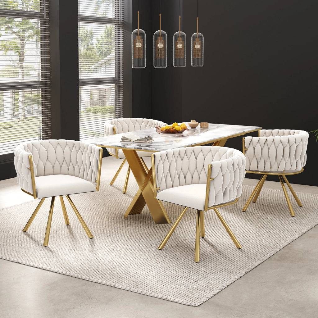 Set 2 sedie da pranzo girevoli in velluto beige con gambe in metallo oro, rotazione 360°