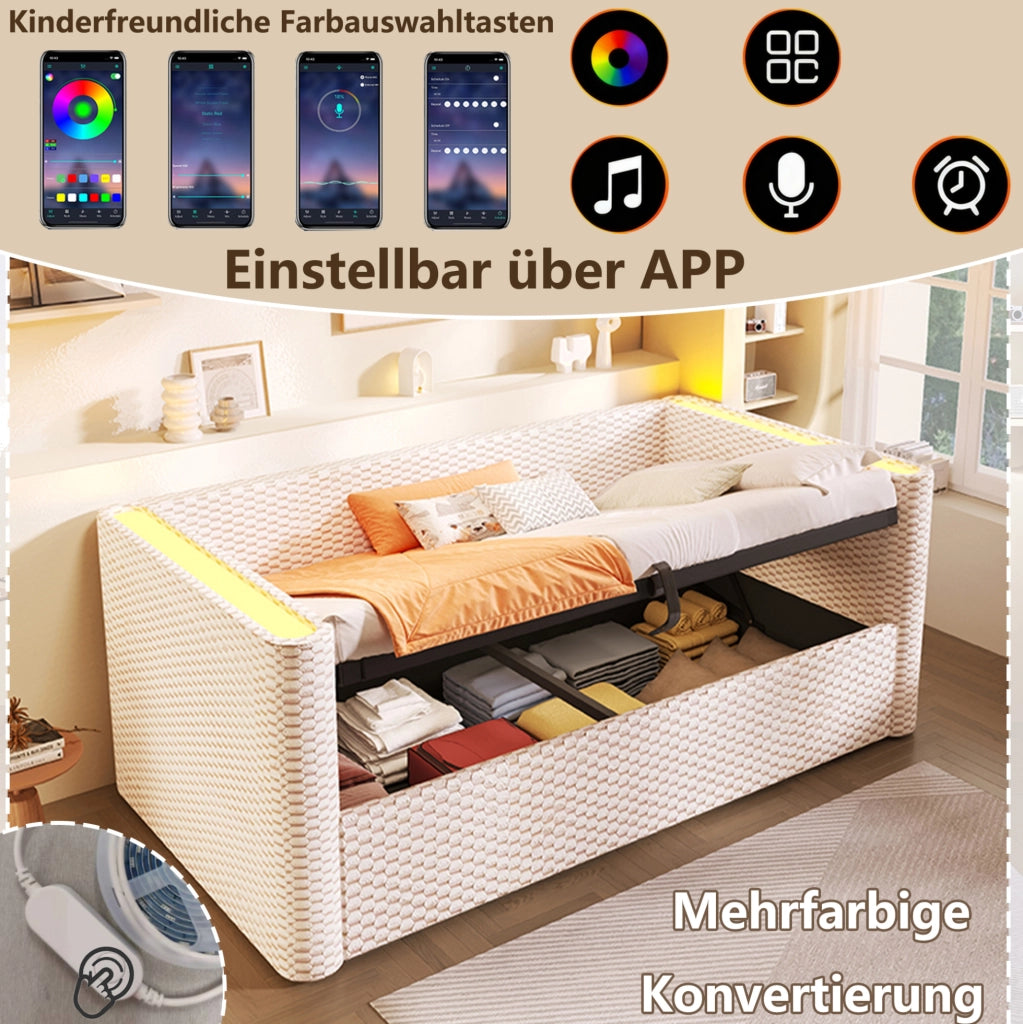 Divano letto 90x200 cm in velluto beige con LED e vano contenitore