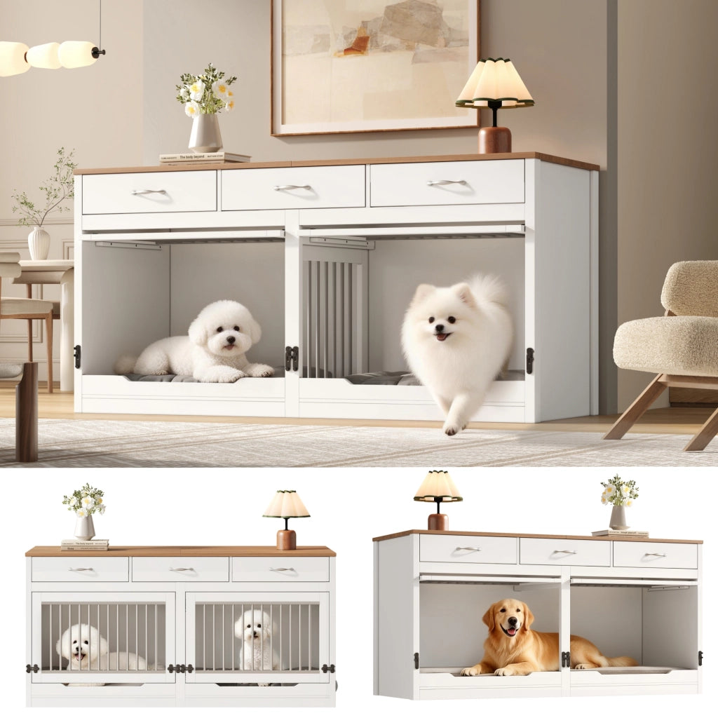 Cassa per cani in legno e metallo con 3 cassetti, porta ribaltabile e divisorio removibile, 164×60×81 cm