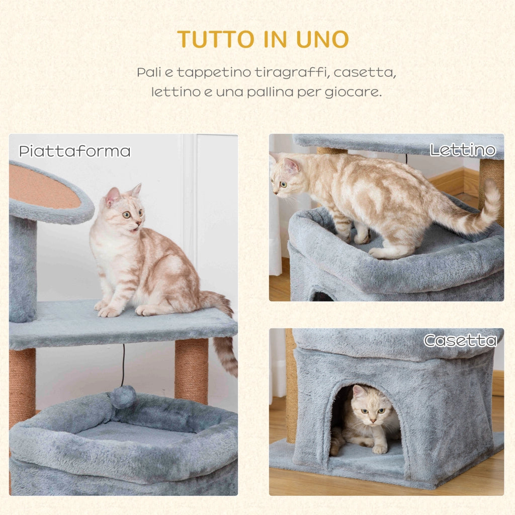 Tiragraffi per Gatti con Casetta e Cuscino ¨C zephmum ¨C Grigio, Juta, 84cm