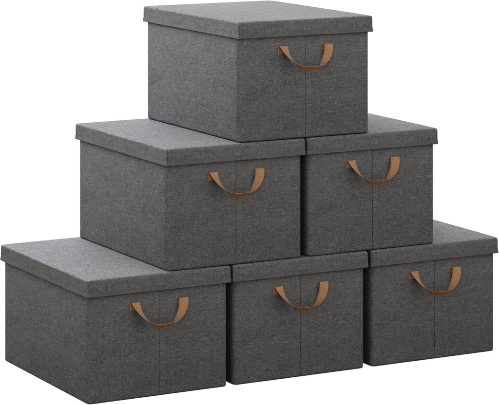 Scatole portaoggetti in Tessuto 6 Pezzi, Contenitori pieghevoli con Coperchio e Maniglie, per Vestiti da Armadio, Grigio, 43x33x26cm