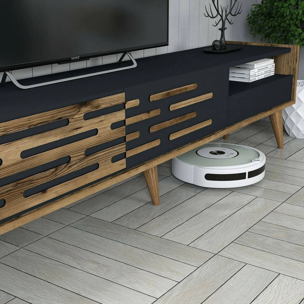 Mobile porta TV Upana, Credenza da soggiorno, Armadio basso per TV, Base parete attrezzata, 180x45h35 cm, Antracite e Noce