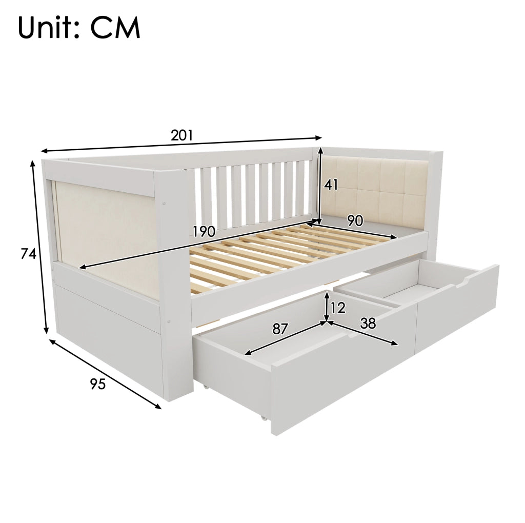 Letto singolo a divano 90x190 cm bianco con 2 cassetti