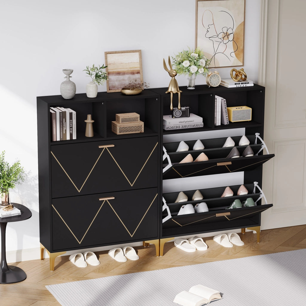 Scarpiera con 4 ante ribaltabili e 4 vani aperti, mobile ingresso con piano d'appoggio, in MDF nero, 80 × 25 × 117 cm