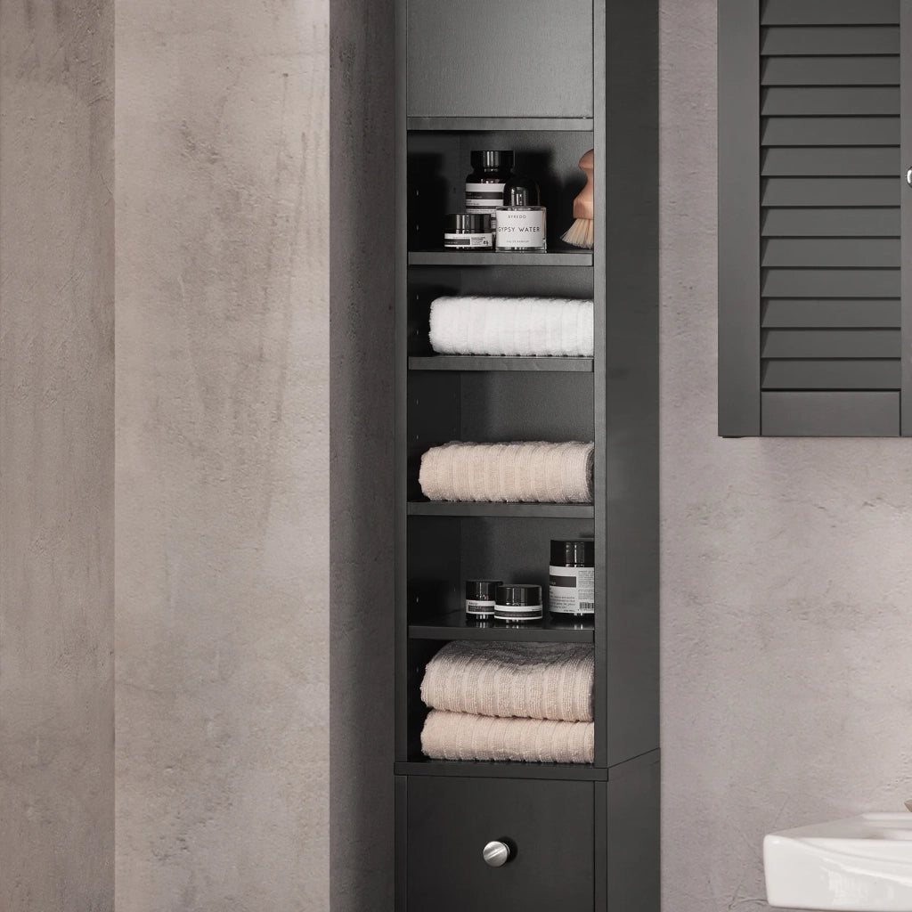 Armadio Colonna bagno, Mobile bagno alto con 2 Ante e 1 cassetto altezza: 180 cm Nero BZR34-SCH