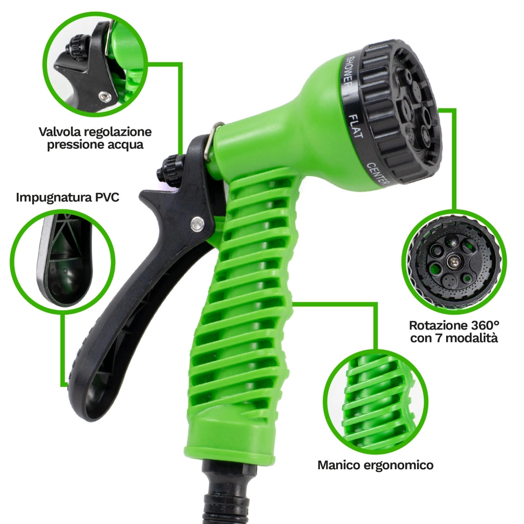Tubo Irrigazione con Supporto Avvolgitubo e Pistola Multifunzione 10 m / 15 m Kit Irrigazione Compatto da Giardino con Raccordi 10 Metri