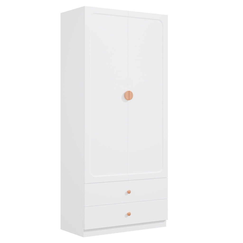 Armadio 90x45x200 cm con 2 cassetti e asta appendiabiti in legno MDF e acciaio bianco