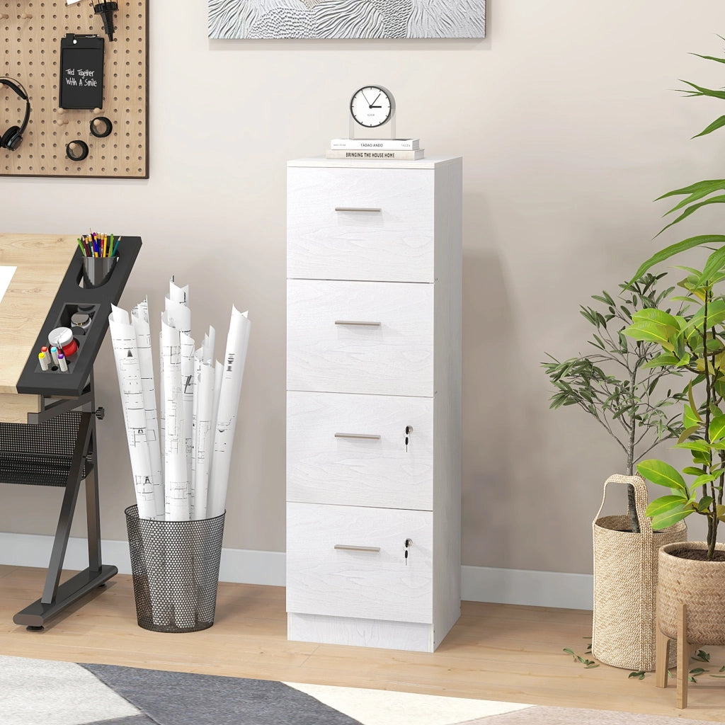 Armadio per Ufficio a 4 Cassetti con 2 Serrature e Barra Portadocumenti, in Legno, 40x42x130.8 cm, Bianco
