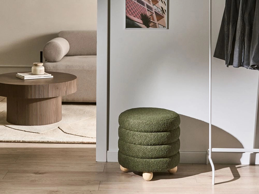 Pouf Verde Boucle Tappezzeria Gambe in legno di pino Poggiapiedi Accessori per la casa Soggiorno