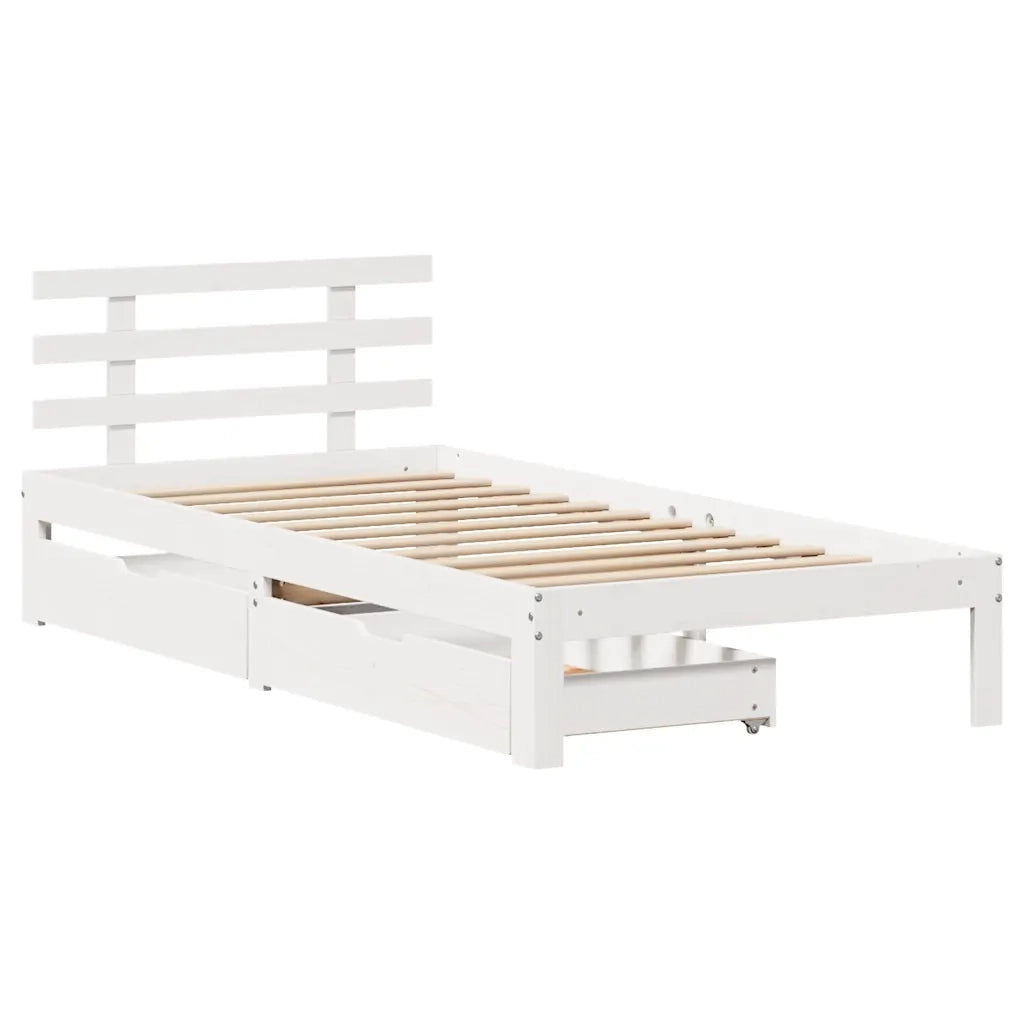 Letto singolo | Letto per adulti | Giroletto con Cassetti Bianco 75x190 cm Legno Massello di Pino