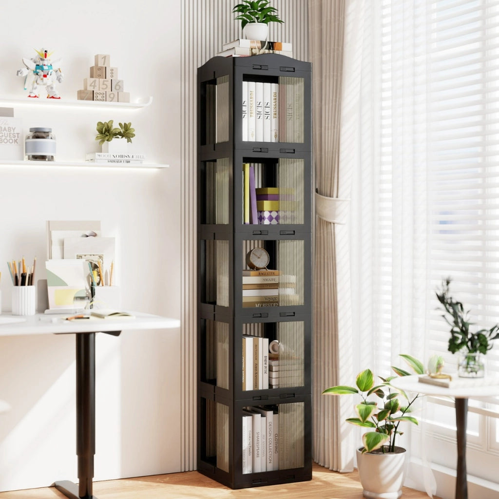 Libreria girevole pieghevole a 5 livelli per soggiorno e studio, Scaffale girevole a 360¡ã con base rotante per esposizione Nero-Librerie