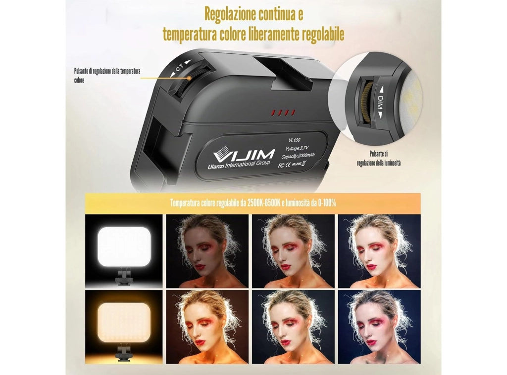 Luce Per Videocamera A LED Dimmerabile 2500 6500K Con Batteria Da 2000mAh Faretto Mini Ricaricabile Attacco Slitta Fredda CRI95 Per Vlogging TikTok Ritratto Fotografico VIJIM VL100C