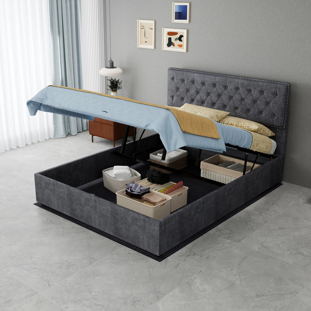 Letto imbottito moderno con testiera e vano a pistone, 140x200 cm, grigio