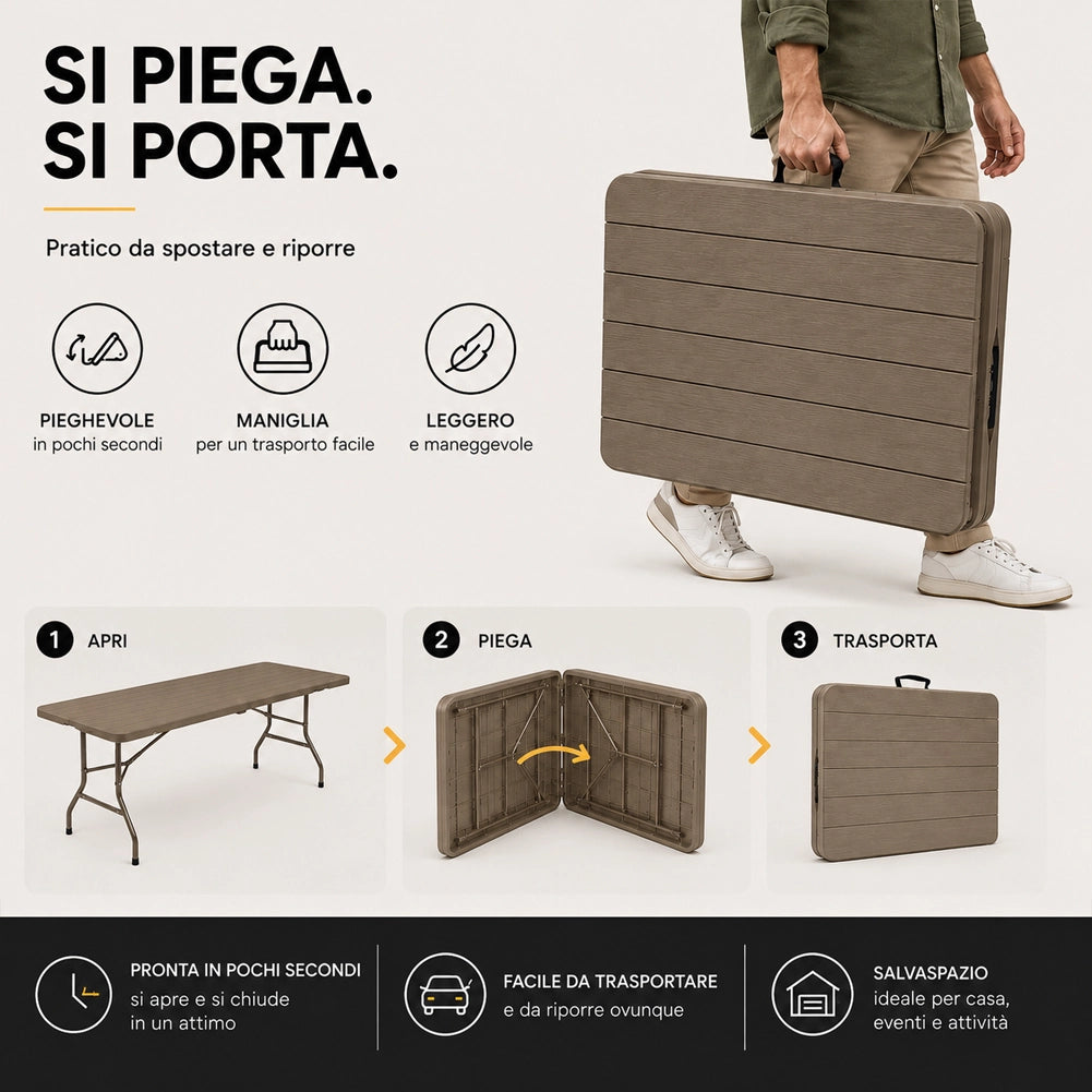 Tavolo Pieghevole Tortora Effetto Legno Resistente Tavolino Esterno 180x74x74cm