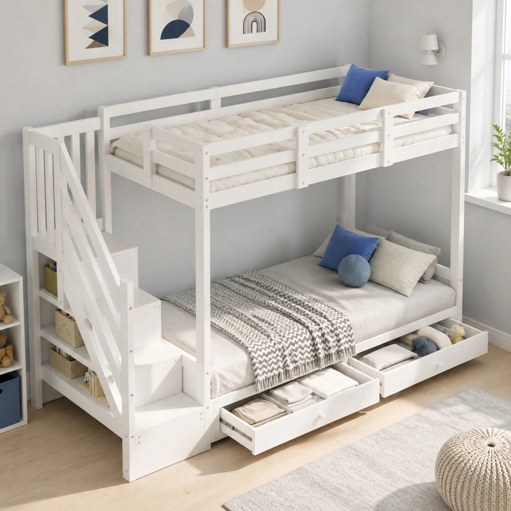 DESMIU Letto a castello Letto singolo 1 posto con divano regolabile, scala e 2 cassetti, 90 × 200 cm, senza materasso