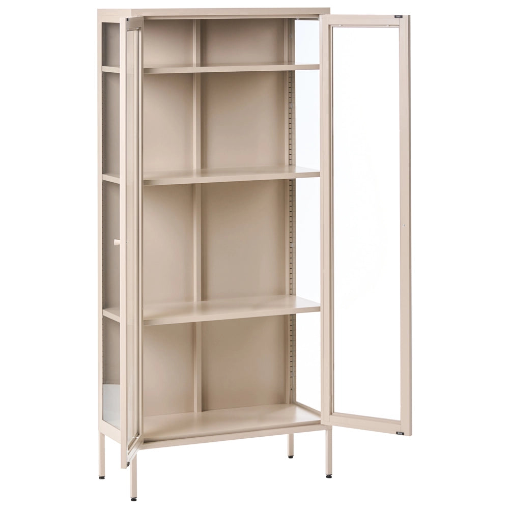 Credenza in acciaio con 2 ante ed elementi in vetro beige chiaro stile contemporaneo industriale sala da pranzo soggiorno