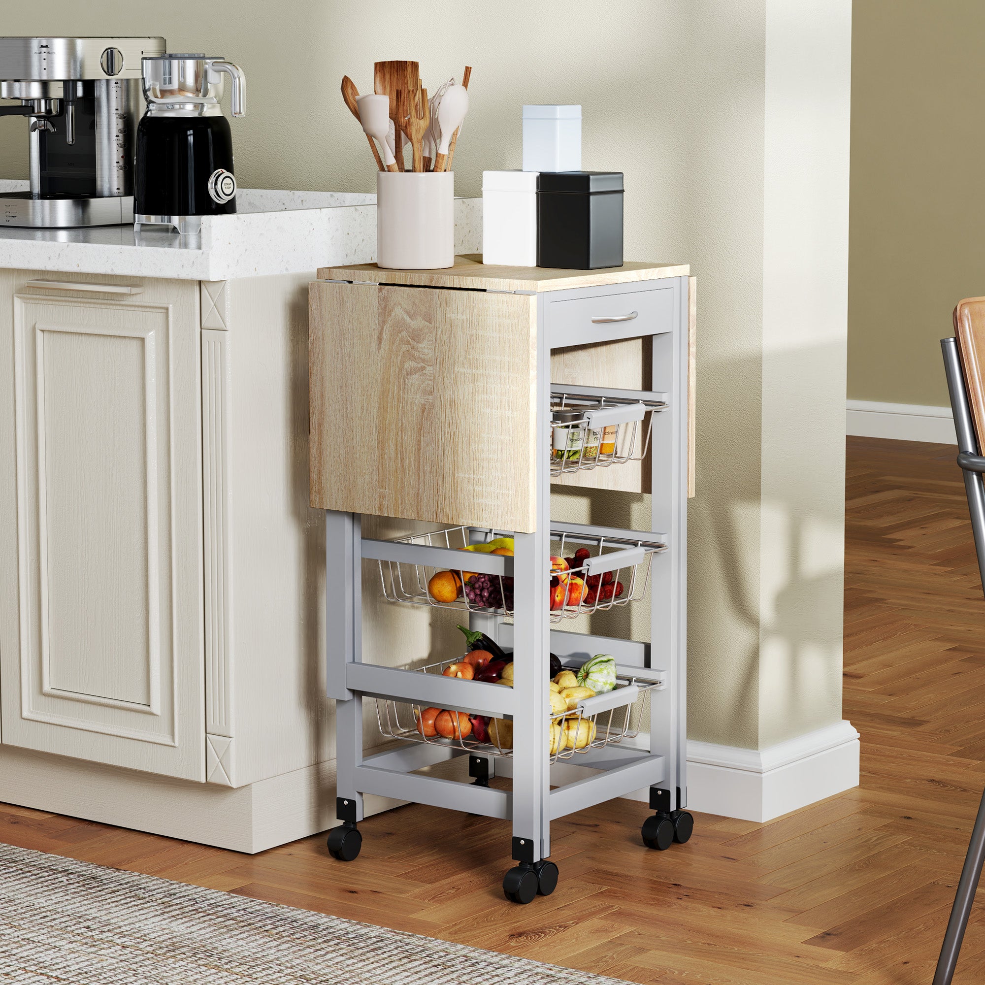 Carrello da Cucina 37x37x77,5 cm con 3 Cestini e 2 Ribalte in Legno e Metallo Grigio e Rovere