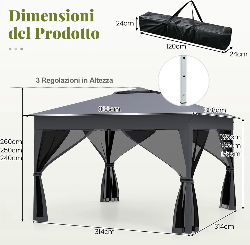 Gazebo Pieghevole 3,4 x 3,4 m con Zanzariera, Gazebo da Giardino con Tende Laterali, Tenda da Giardino Antivento Facile da Montare Resistente 210D con Borsa di Trasporto (Grigio)