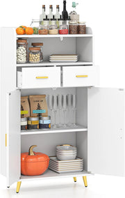 Credenza Cucina, Piano Superiore con Bordo Anticaduta, Scomparto Aperto, 2 Cassetti e Armadietto a Doppia Anta, Mobile Moderno con 2 Antiribaltamento per Soggiorno e Ingresso (Bianco)