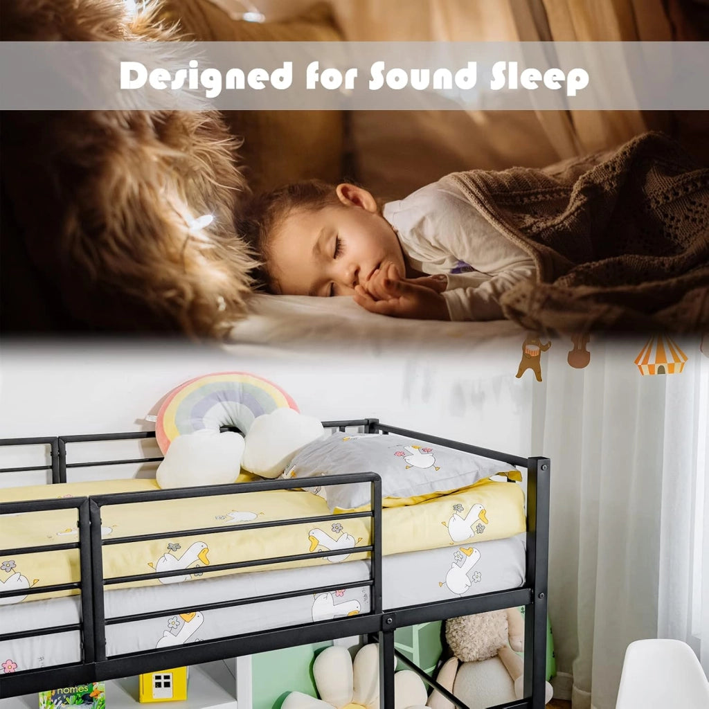 Letto a Soppalco per Bambini con Scivolo E Protezione Anticaduta e Scaletta, Struttura Letto in Metallo 96x198x109cm, Letto a Castello con Rete a Doghe, Fino a 150 kg (Nero)