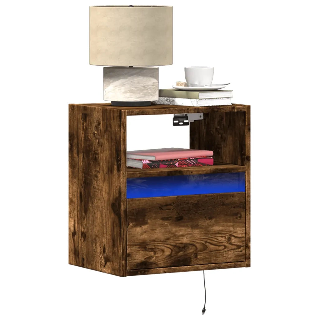 Comodino a Parete con Luci LED-Tavolino da notte sospeso Rovere Fumo 758569