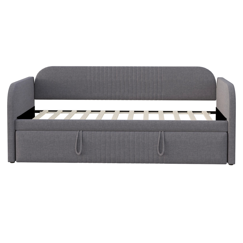 Letto imbottito estraibile 90x190/180x190 cm grigio con rete a doghe, in tessuto effetto lino, senza materasso