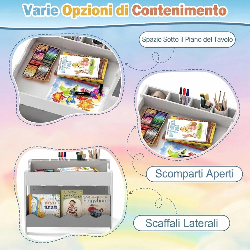 4 in 1 Set Tavolo e 2 Sedie per Bambini 3+ Anni (Grigio e Bianco) | Tavolo e Sedie con Lavagna Rimovibile, Sedia con Cassetto in Tessuto, Mobile in Legno Versatile per Cameretta e Soggiorno