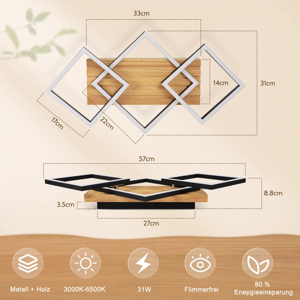 ZMH Lampada a Soffitto LED Legno 31W 57cm Dimmabile 3 Rettangolari Moderna Per Soggiorno