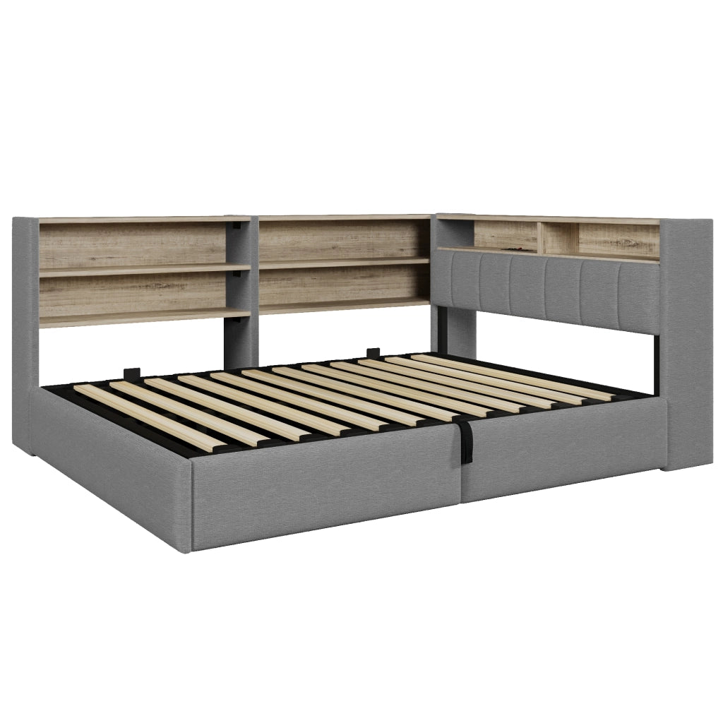 Letto Contenitore Matrimoniale LEMONMAX 140x200 cm con Sollevamento Idraulico, LED APP, USB-A/USB-C e Modulo Laterale, Velluto Grigio