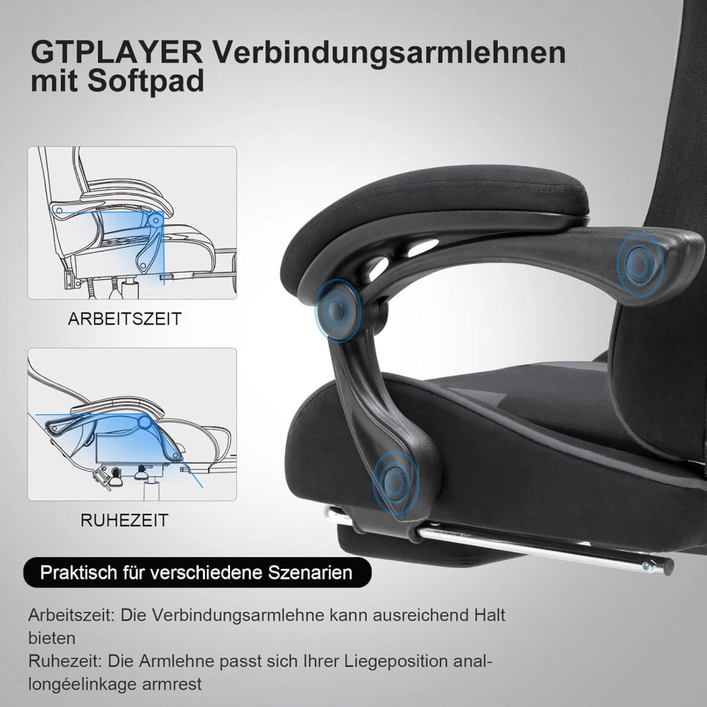 Sedia da gaming, in tessuto, da ufficio, da gioco, ergonomica, con poggiapiedi, per massaggi, cuscino lombare, imbottito, sedia da gioco, sedia girevole, grigio