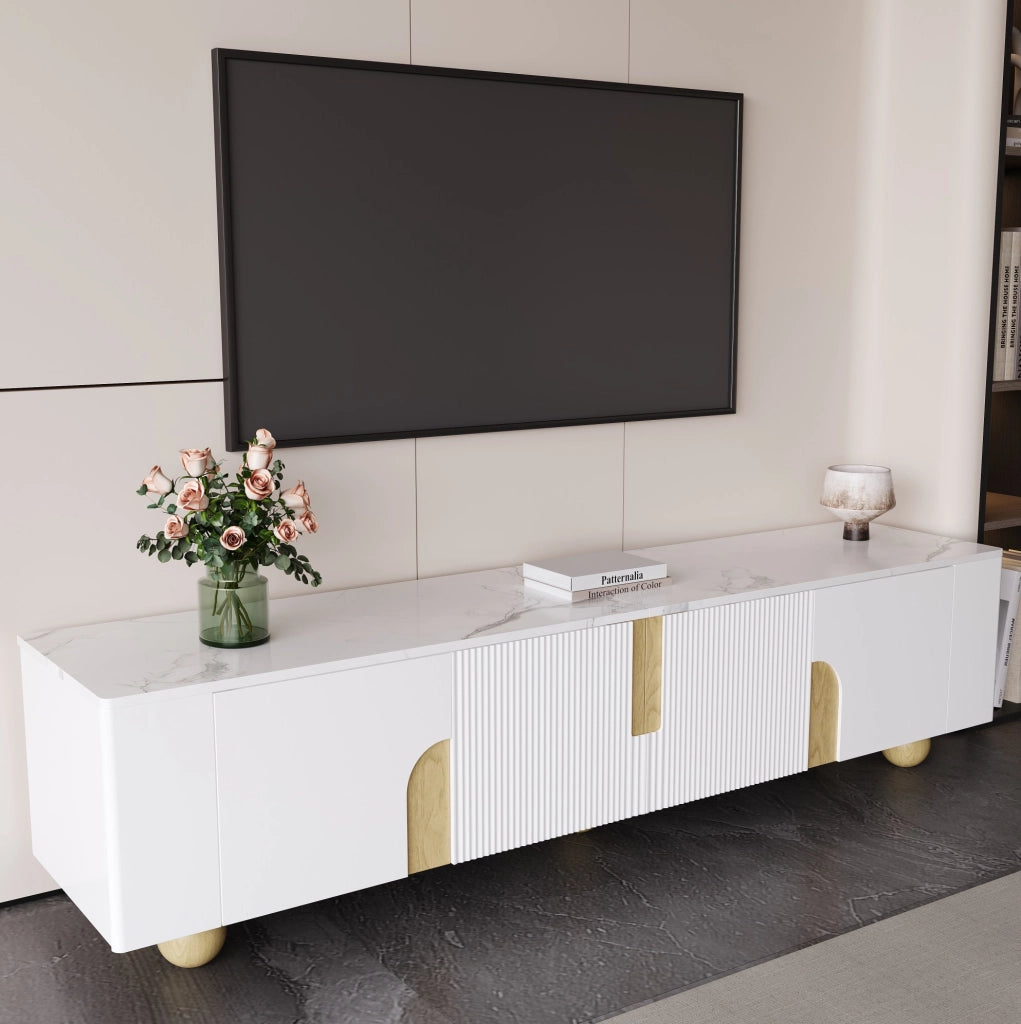 Mobile TV 180x40x44 cm con 4 ante e superficie effetto marmo in MDF e pannello di particelle bianco; naturale