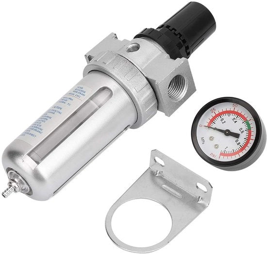 Regolatore di flusso compatto - Filtro e regolatore dell'aria - Catturatore di umidità - Compressore pneumatico dell'aria - In alluminio - Manopola di regolazione della pressione regolabile