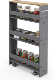 Carrello per Nicchia con Ruote, 4 Livelli，Carrello di Servizio Stretto Salvaspazio, da Bagno, Scaffale da Cucina Sottile 47,5 x 13 x 80,5 cm (Naturale+Grigio, Largo 13 cm)