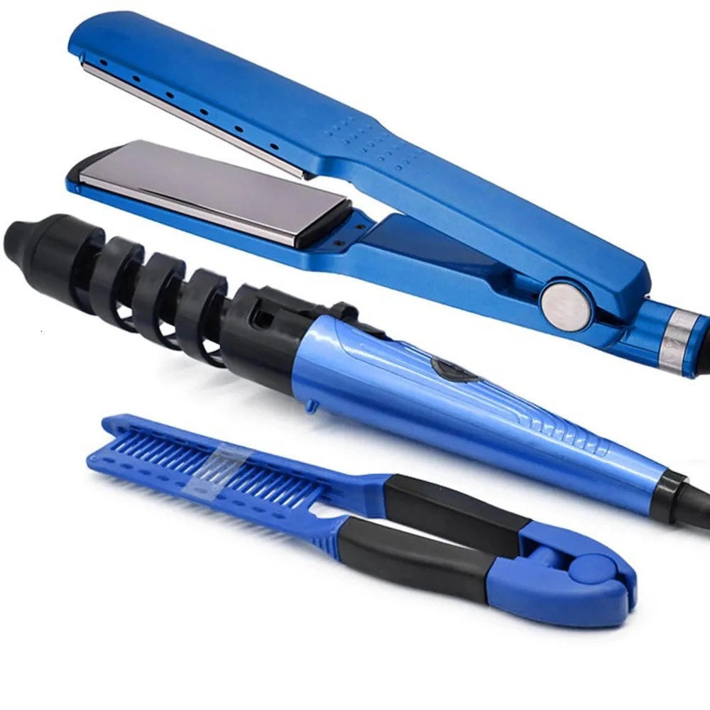 Trade Shop - Set Piastra 3in1 Per Capelli In Nano Titanio Ceramica Con Ferro Arricciacapelli Pettine -
