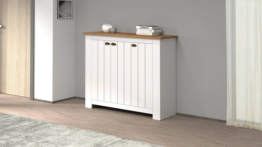 Scarpiera Seprio, Porta scarpe salvaspazio a 3 ante, Armadio multifunzione da ingresso, 114x42h100 cm, Bianco e Rovere