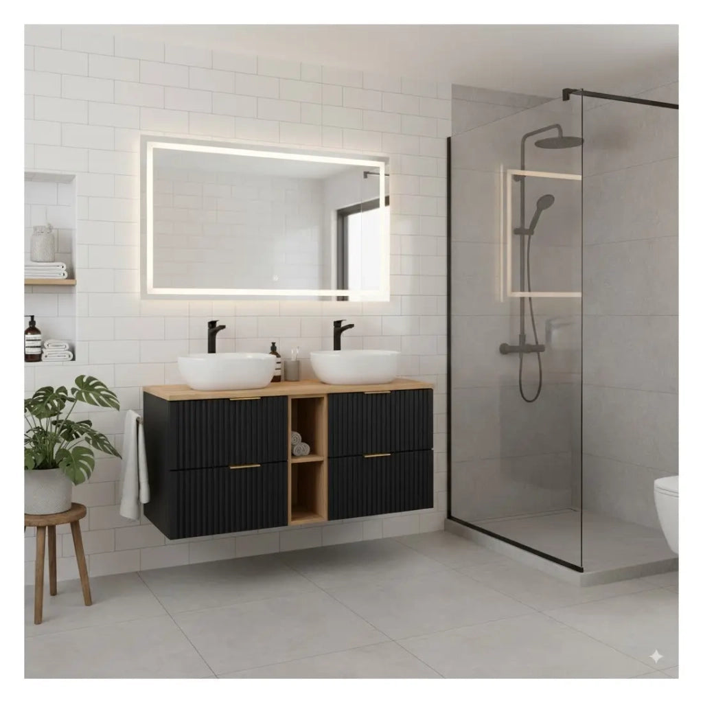 Insieme mobile sotto lavabo NOXERA 140 cm – Nero opaco e rovere – 2 mobili + 2 nicchie + piano per lavabi