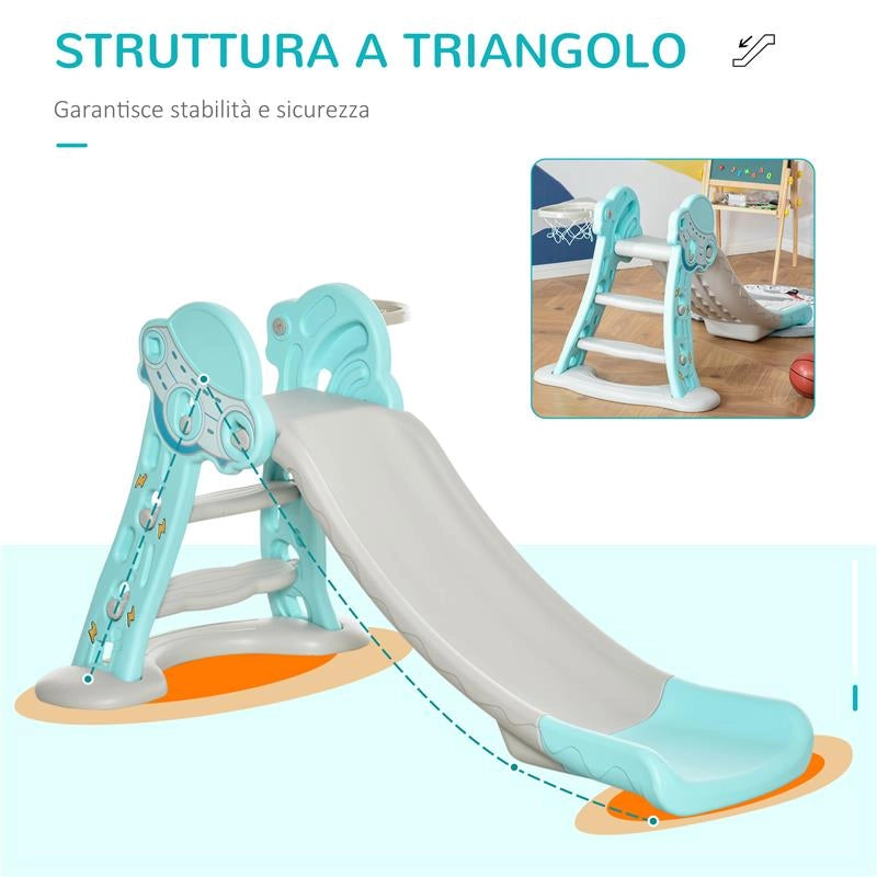 SCIVOLO PER BAMBINI DA 18 MESI PIEGHEVOLE CON 3 SCALINI E CANESTRO BASKET, 140X87X75CM, BLU E GRIGIO