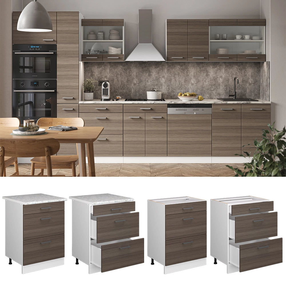 Vicco Mobiletto base per cucina Grigio 60 cm con cassetti, PL Rovere